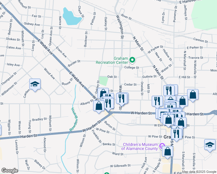 map of restaurants, bars, coffee shops, grocery stores, and more near 516 Poplar Street in Graham