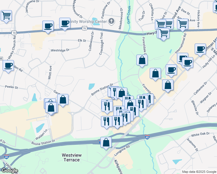 map of restaurants, bars, coffee shops, grocery stores, and more near 750 Boone Station Drive in Burlington