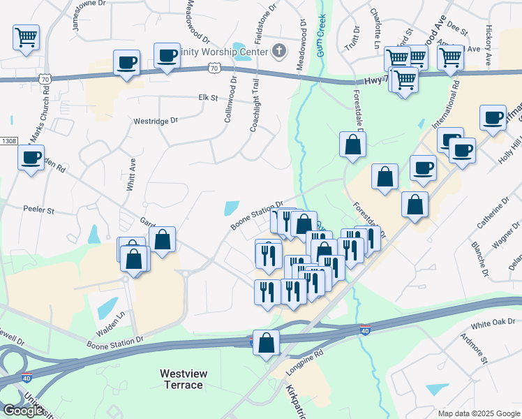 map of restaurants, bars, coffee shops, grocery stores, and more near 750 Boone Station Drive in Burlington