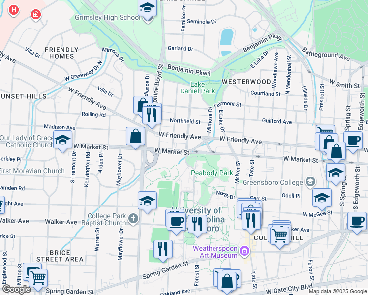 map of restaurants, bars, coffee shops, grocery stores, and more near 1408 West Market Street in Greensboro