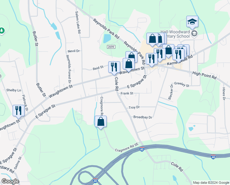map of restaurants, bars, coffee shops, grocery stores, and more near 2750 East Sprague Street in Winston-Salem