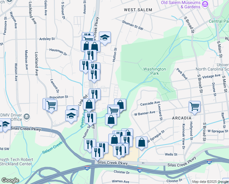 map of restaurants, bars, coffee shops, grocery stores, and more near 1121 Hutton Street in Winston-Salem