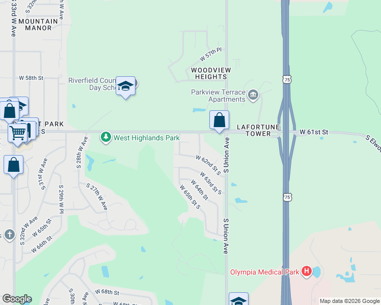 map of restaurants, bars, coffee shops, grocery stores, and more near 1916 West 62nd Street in Tulsa