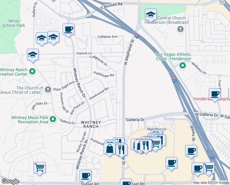 map of restaurants, bars, coffee shops, grocery stores, and more near 855 North Stephanie Street in Henderson