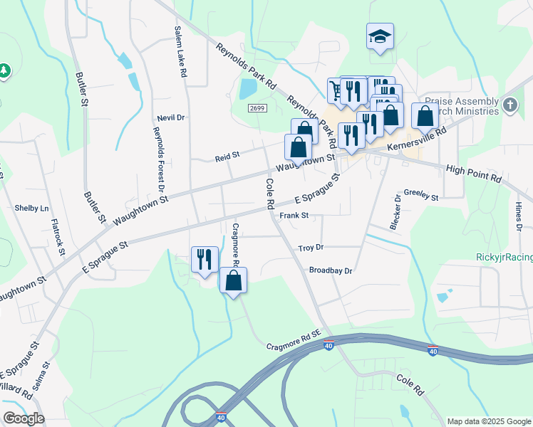 map of restaurants, bars, coffee shops, grocery stores, and more near 2750 East Sprague Street in Winston-Salem