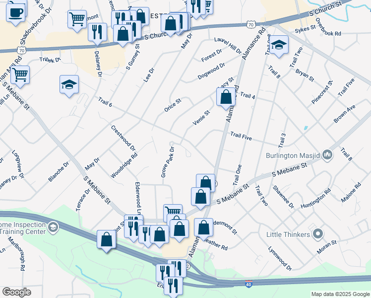 map of restaurants, bars, coffee shops, grocery stores, and more near 2703 Kingsbury Ct in Burlington