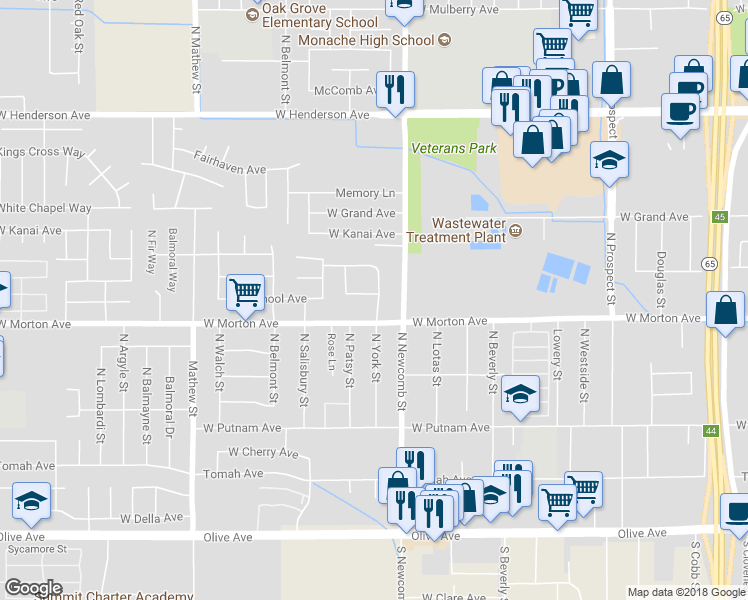 map of restaurants, bars, coffee shops, grocery stores, and more near 1659 West School Avenue in Porterville