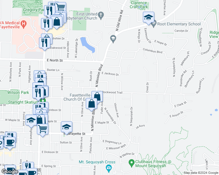 map of restaurants, bars, coffee shops, grocery stores, and more near 826 Woodlawn Drive in Fayetteville