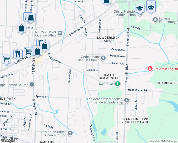 map of restaurants, bars, coffee shops, grocery stores, and more near 3502 Dakota Drive in Greensboro