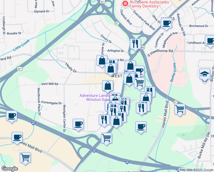 map of restaurants, bars, coffee shops, grocery stores, and more near 3550 Vest Mill Road in Winston-Salem