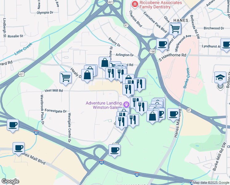 map of restaurants, bars, coffee shops, grocery stores, and more near 3550 Vest Mill Road in Winston-Salem