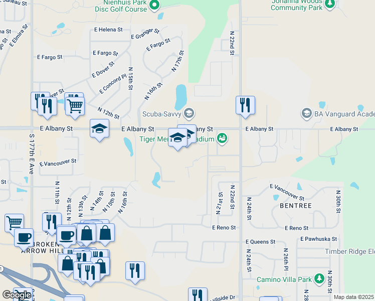 map of restaurants, bars, coffee shops, grocery stores, and more near 1901 East Albany Street in Broken Arrow