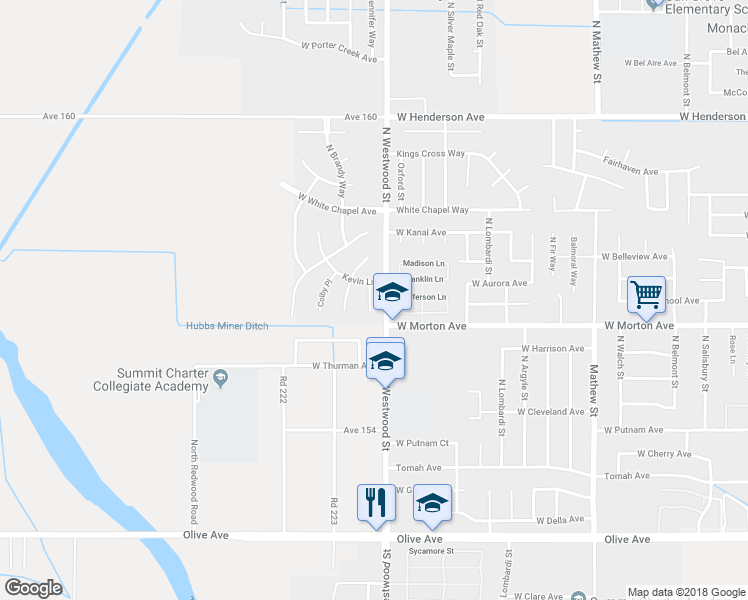map of restaurants, bars, coffee shops, grocery stores, and more near 444 North Jennifer Way in Porterville
