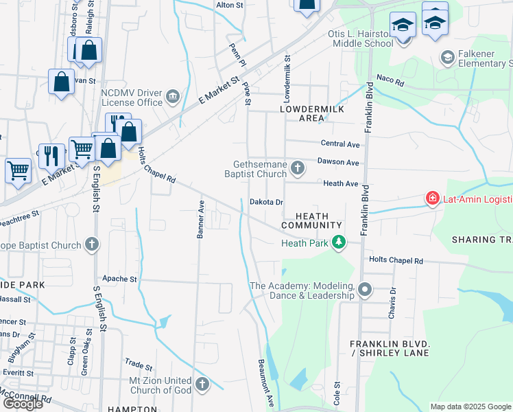 map of restaurants, bars, coffee shops, grocery stores, and more near 3502 Dakota Drive in Greensboro