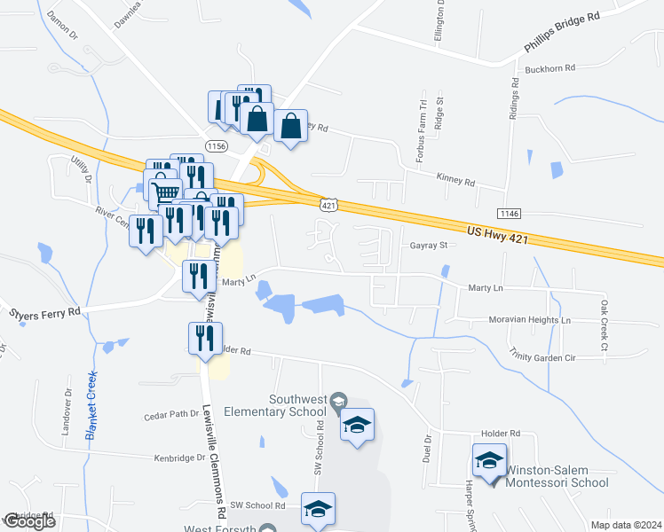 map of restaurants, bars, coffee shops, grocery stores, and more near 5902 King Charles Court in Clemmons