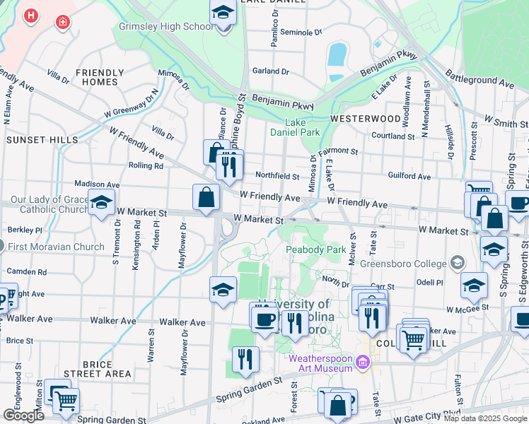 map of restaurants, bars, coffee shops, grocery stores, and more near 1408 West Market Street in Greensboro
