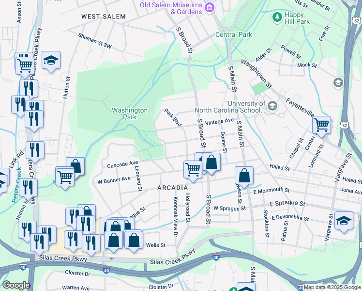 map of restaurants, bars, coffee shops, grocery stores, and more near 315 Cascade Avenue in Winston-Salem