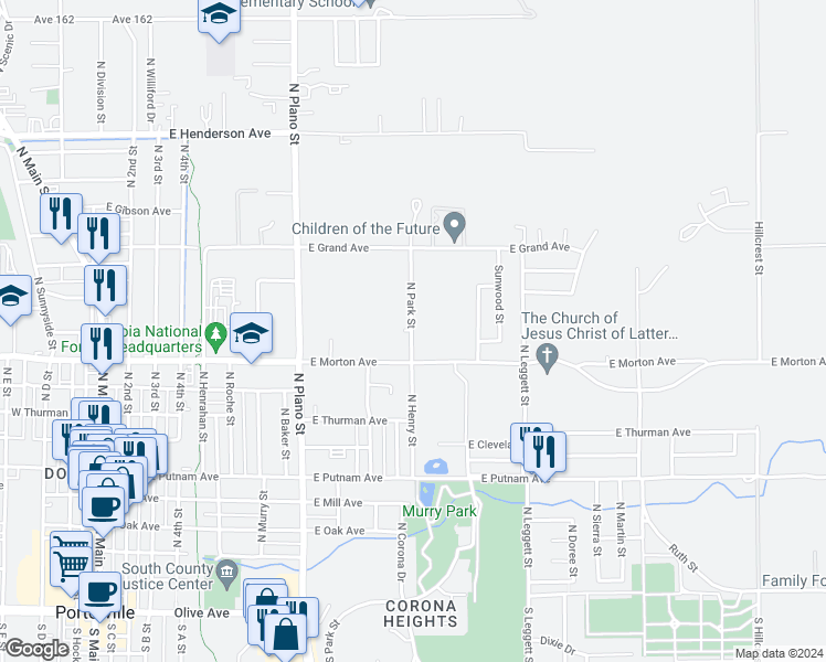 map of restaurants, bars, coffee shops, grocery stores, and more near 452 North Park Street in Porterville