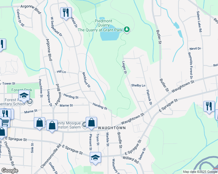 map of restaurants, bars, coffee shops, grocery stores, and more near 1663 Marble Street in Winston-Salem
