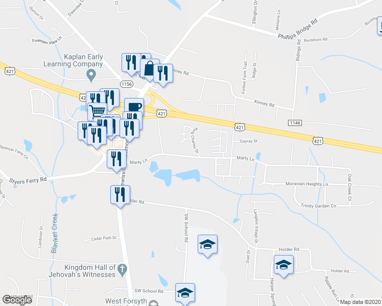 map of restaurants, bars, coffee shops, grocery stores, and more near 5908 King Charles Court in Clemmons