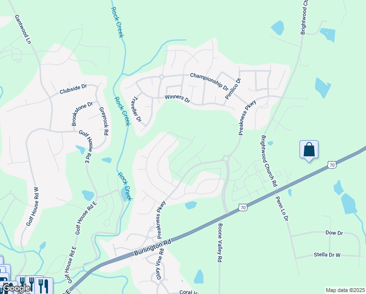 map of restaurants, bars, coffee shops, grocery stores, and more near 668 Palomino Mustang Drive in Whitsett