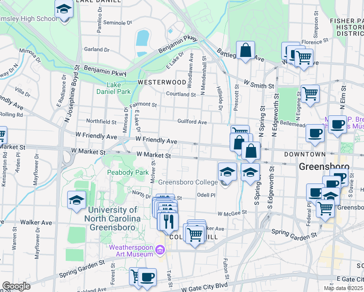 map of restaurants, bars, coffee shops, grocery stores, and more near 1013 West Friendly Avenue in Greensboro