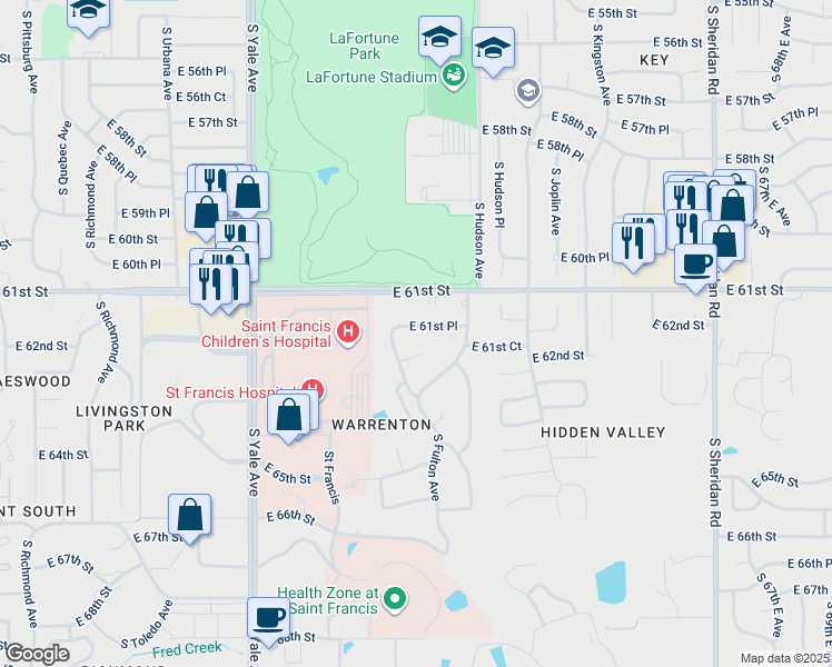 map of restaurants, bars, coffee shops, grocery stores, and more near 5515 East 61st Court in Tulsa