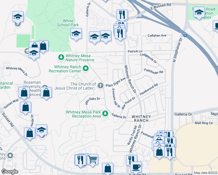 map of restaurants, bars, coffee shops, grocery stores, and more near 1542 Roughrider Circle in Henderson