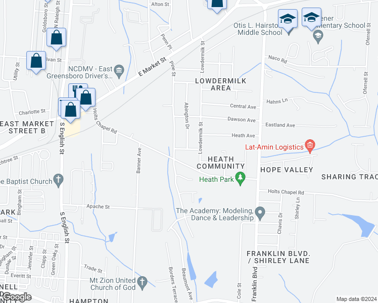 map of restaurants, bars, coffee shops, grocery stores, and more near in Greensboro