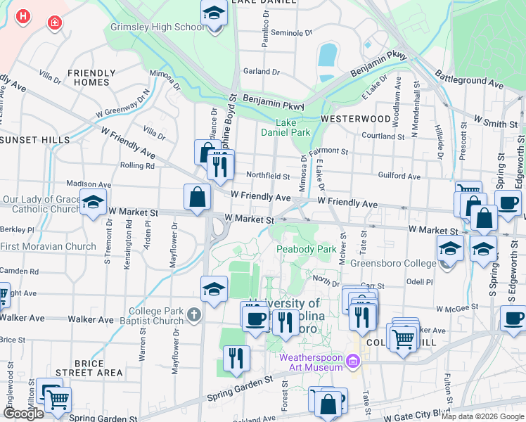 map of restaurants, bars, coffee shops, grocery stores, and more near 1408 West Market Street in Greensboro