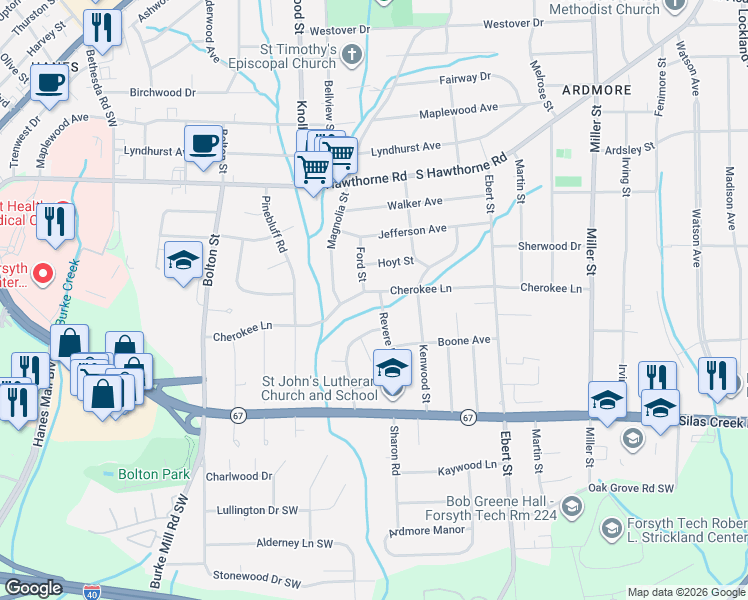 map of restaurants, bars, coffee shops, grocery stores, and more near 1312 Revere Road in Winston-Salem