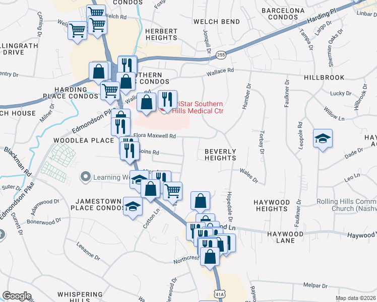map of restaurants, bars, coffee shops, grocery stores, and more near 201 Hopewood Court in Nashville