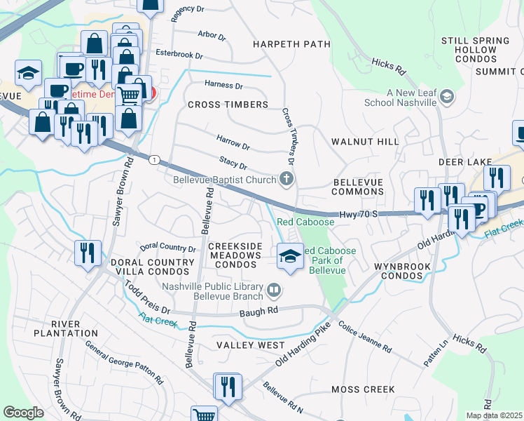 map of restaurants, bars, coffee shops, grocery stores, and more near 7439 Highway 70 South in Nashville