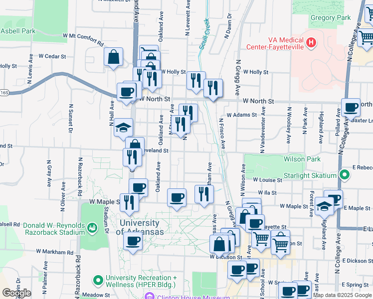map of restaurants, bars, coffee shops, grocery stores, and more near 685 North Leverett Avenue in Fayetteville