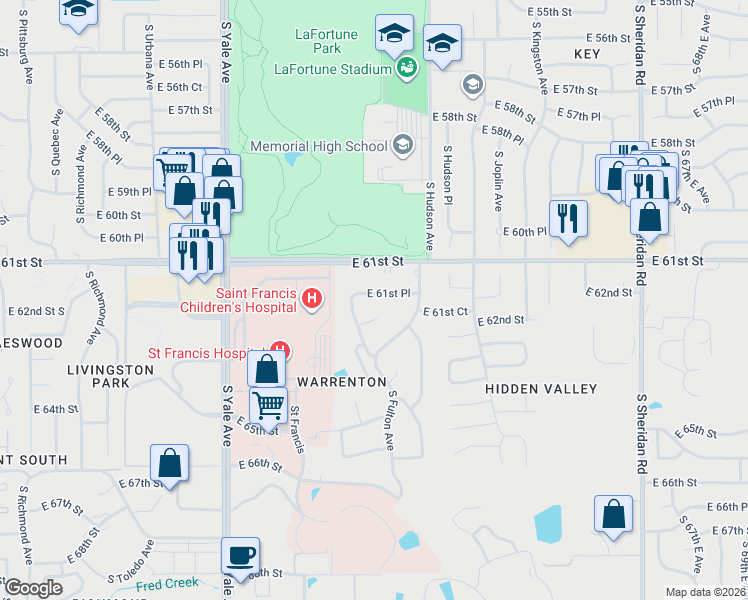 map of restaurants, bars, coffee shops, grocery stores, and more near 5515 East 61st Court in Tulsa