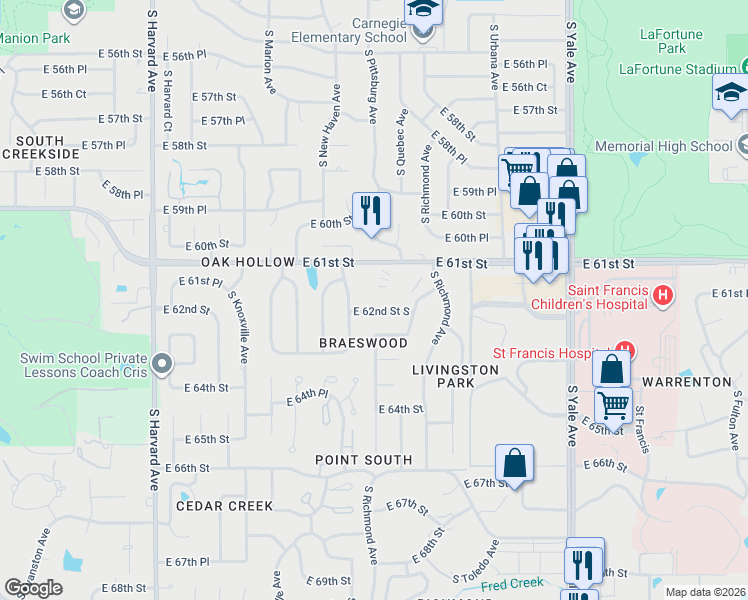 map of restaurants, bars, coffee shops, grocery stores, and more near 4018 East 62nd Street in Tulsa
