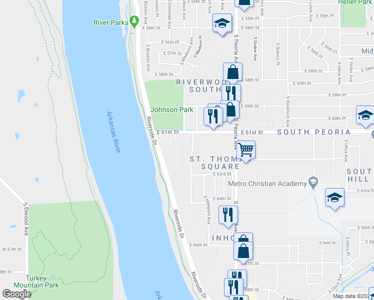 map of restaurants, bars, coffee shops, grocery stores, and more near 982 East 61st Street in Tulsa