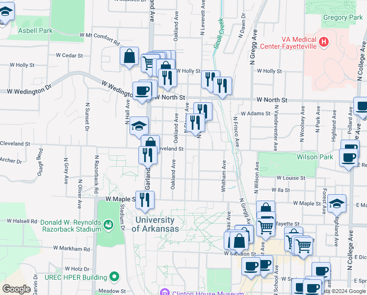 map of restaurants, bars, coffee shops, grocery stores, and more near 721 North Storer Avenue in Fayetteville