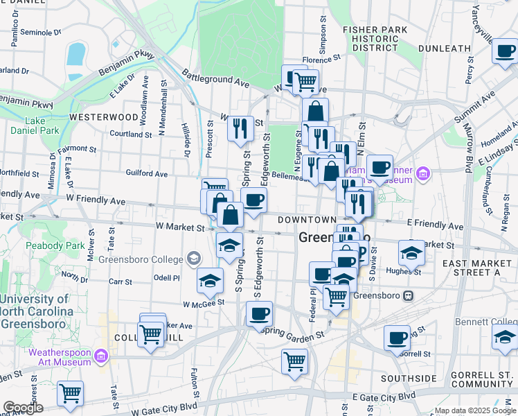 map of restaurants, bars, coffee shops, grocery stores, and more near in Greensboro