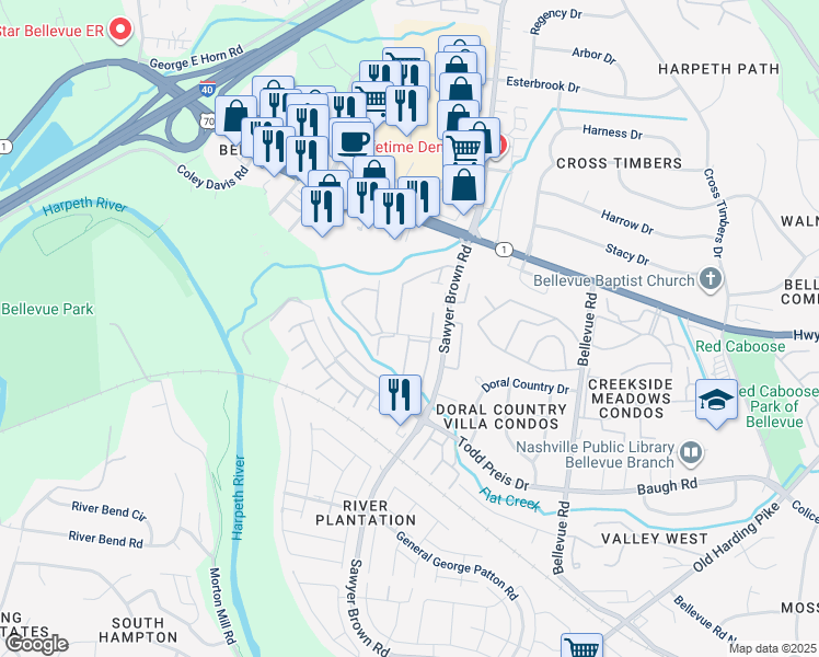 map of restaurants, bars, coffee shops, grocery stores, and more near 8207 Sawyer Brown Road in Nashville