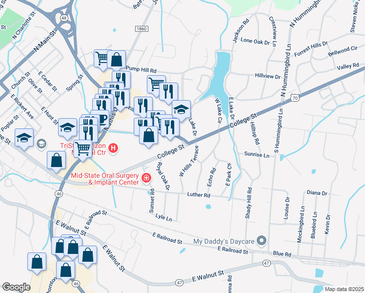 map of restaurants, bars, coffee shops, grocery stores, and more near 100 East Hills Terrace in Dickson