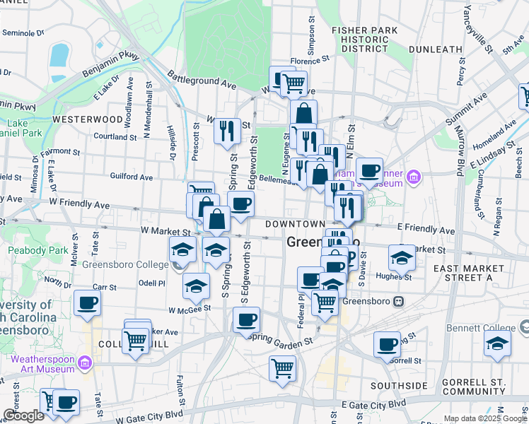 map of restaurants, bars, coffee shops, grocery stores, and more near 426 West Friendly Avenue in Greensboro