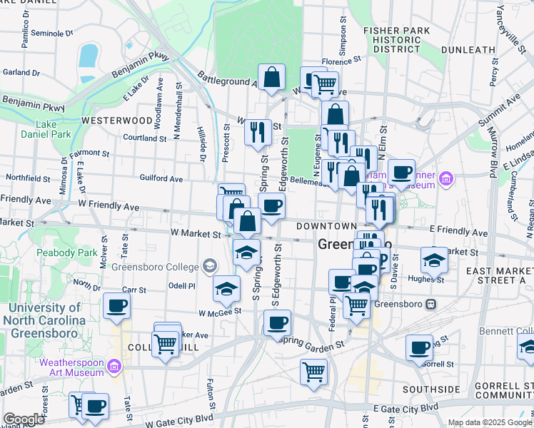 map of restaurants, bars, coffee shops, grocery stores, and more near 510 West Market Street in Greensboro