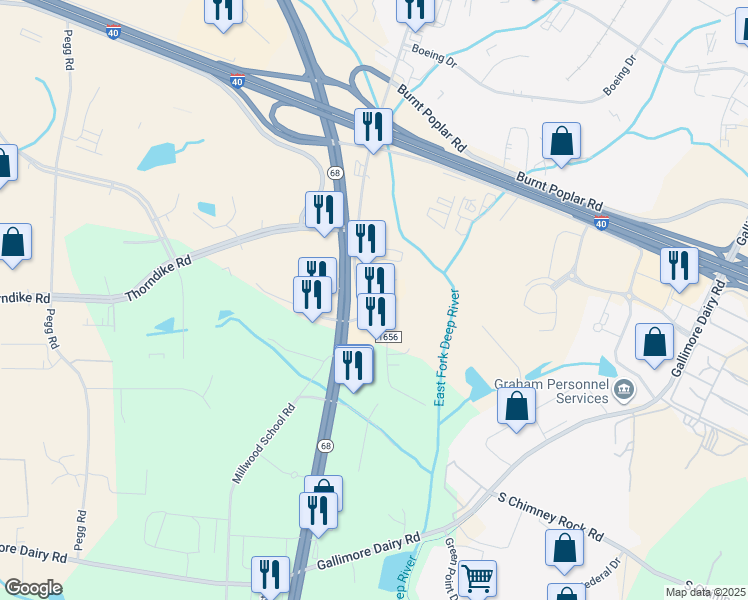 map of restaurants, bars, coffee shops, grocery stores, and more near 651 South Regional Road in Greensboro