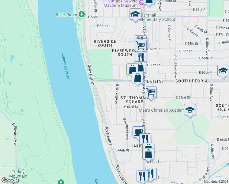 map of restaurants, bars, coffee shops, grocery stores, and more near 6136 South Madison Place in Tulsa