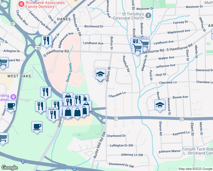 map of restaurants, bars, coffee shops, grocery stores, and more near 1250 Bolton Street in Winston-Salem