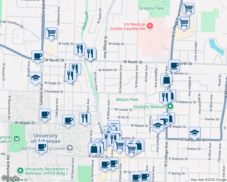 map of restaurants, bars, coffee shops, grocery stores, and more near 675 North Park Avenue in Fayetteville