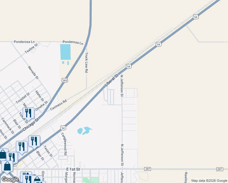map of restaurants, bars, coffee shops, grocery stores, and more near 1202 Liberal Street in Dalhart