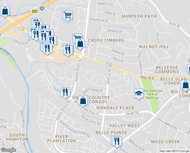 map of restaurants, bars, coffee shops, grocery stores, and more near 865 Bellevue Road in Nashville