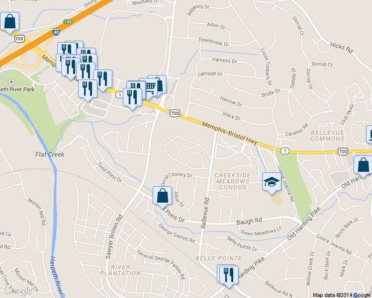 map of restaurants, bars, coffee shops, grocery stores, and more near 865 Bellevue Road in Nashville